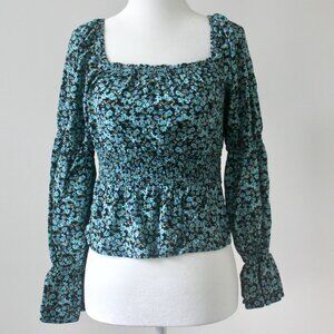 Sonoma Floral Blue and Black Smocked Square-Neck Cropped Peplum Top Medium